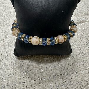 Elegant Blue and Gold Murano Glass Beaded Bracelet